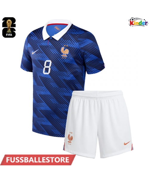 Günstige Frankreich Aurelien Tchouameni #8 Heimtrikotsatz Kinder WM 2026 Kurzarm (+ Kurze Hosen)